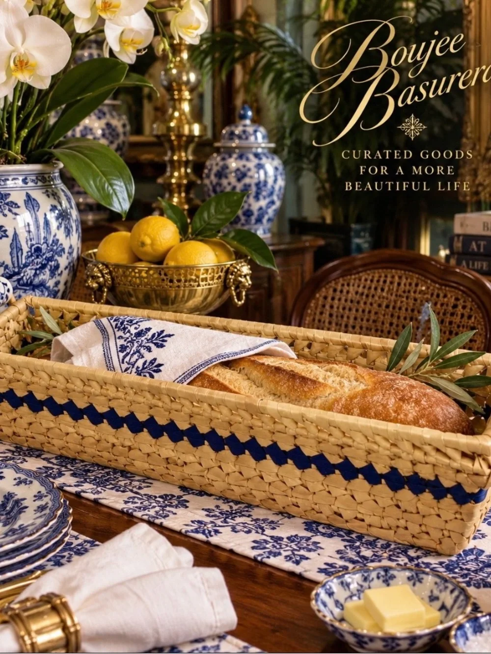 Title Vintage Blue White Chinoiserie Woven Bread Basket Ceramic Handles